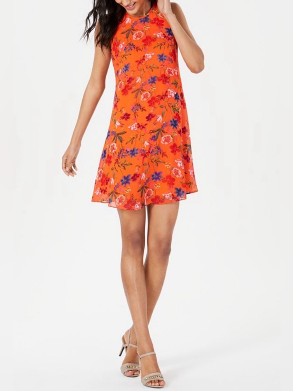 Calvin Klein Floral Orange A-Line Sleeveless Dress